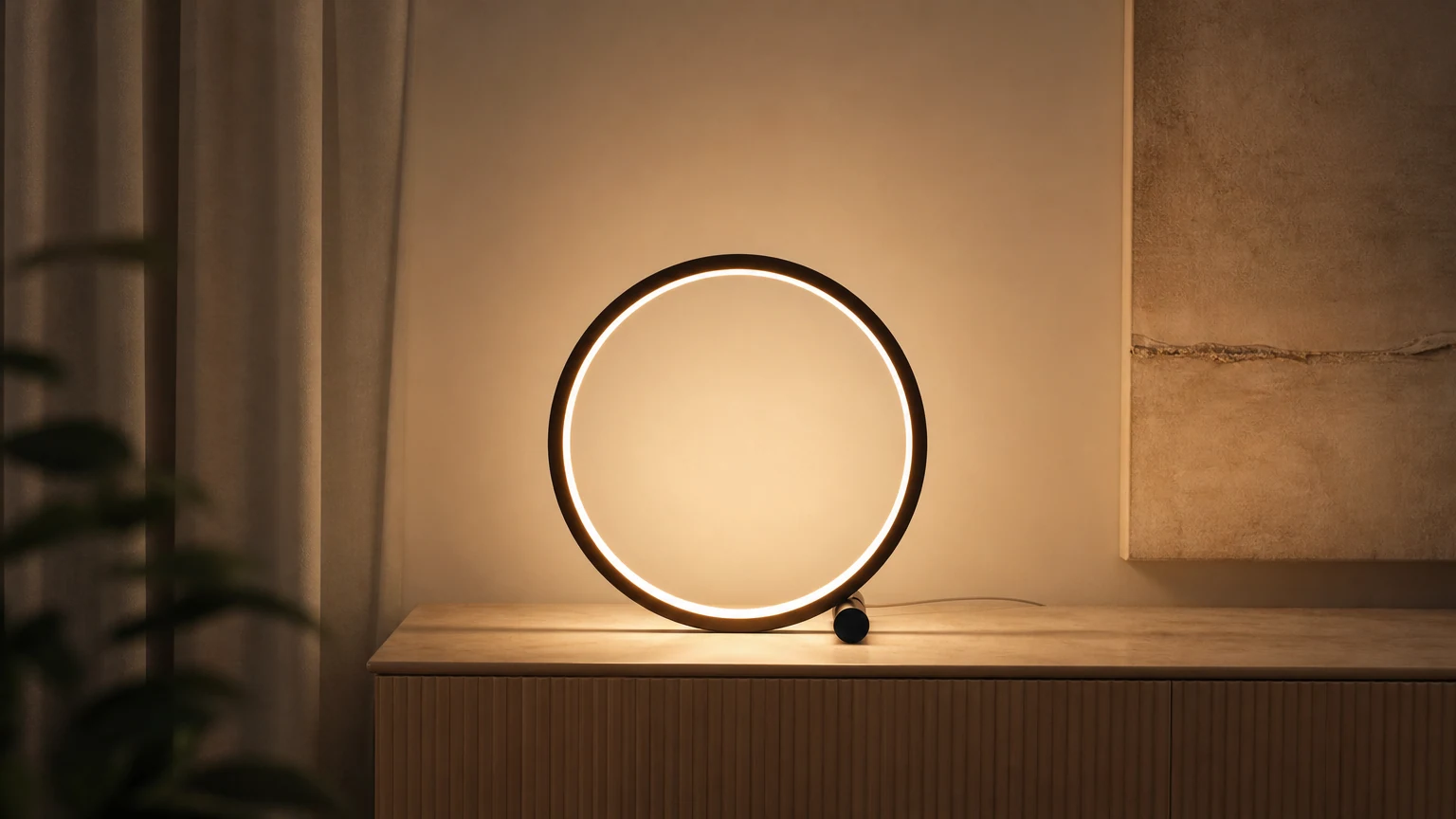 Pierścieniowa lampa stołowa LED T-touch w poziomej scenie pomieszczenia