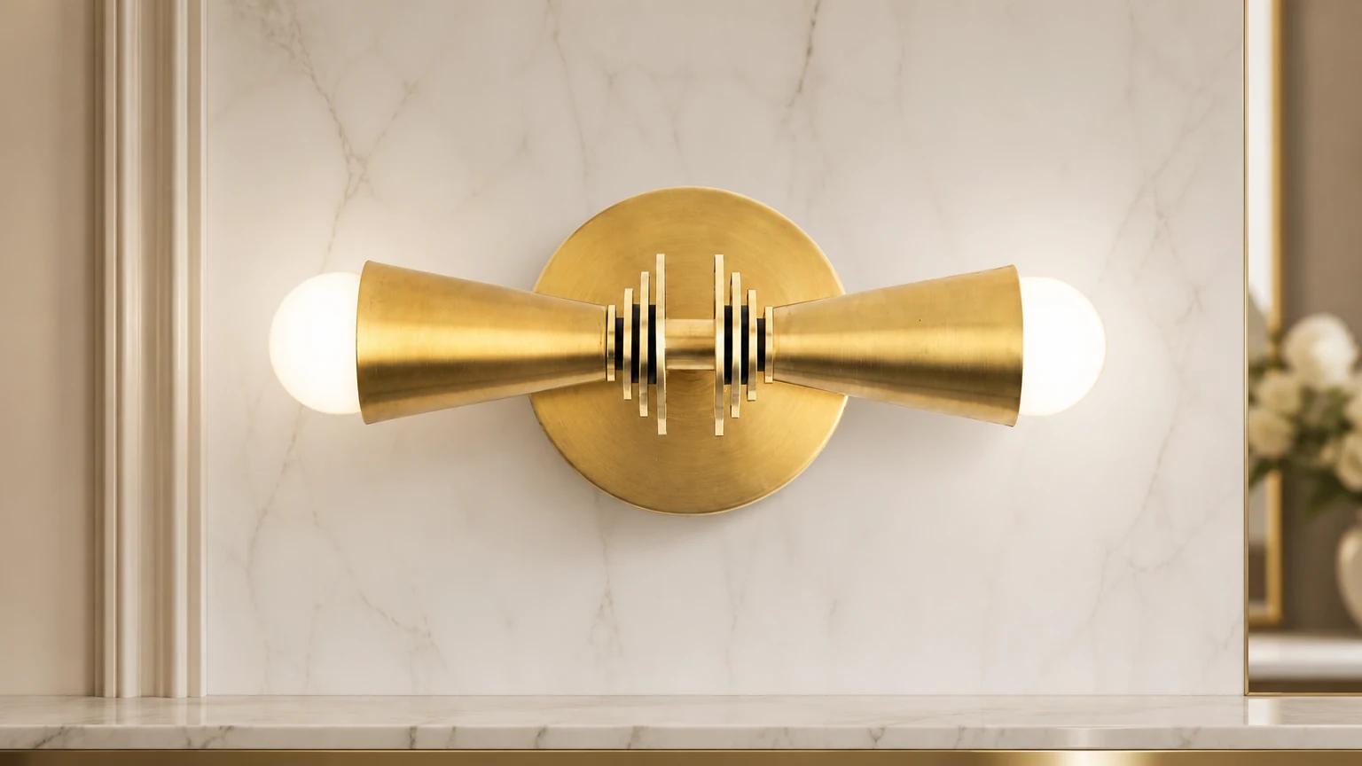 Kinkiet Pyralis Cone Art Deco pokazany jako mosiężny kinkiet ścienny w pomieszczeniu