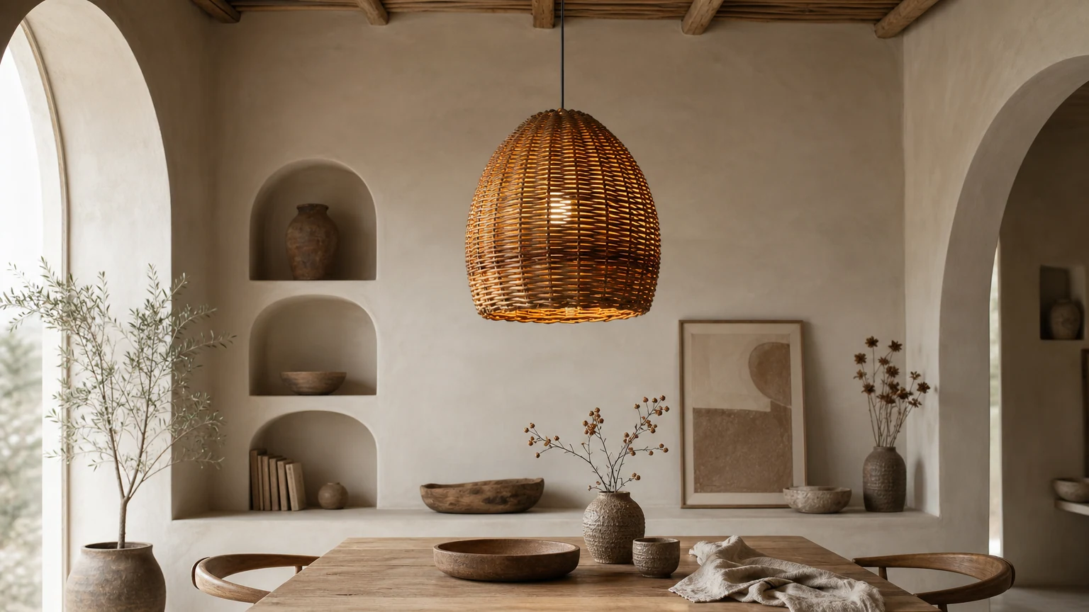 Zawieszona cisza Japandi lampa wisząca D827 w naturalnym wnętrzu