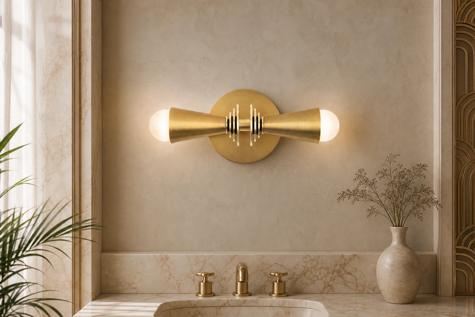 Kinkiet Pyralis Cone Art Deco pokazany w scenie lifestylowej, przeznaczony do toaletki lub przedpokoju