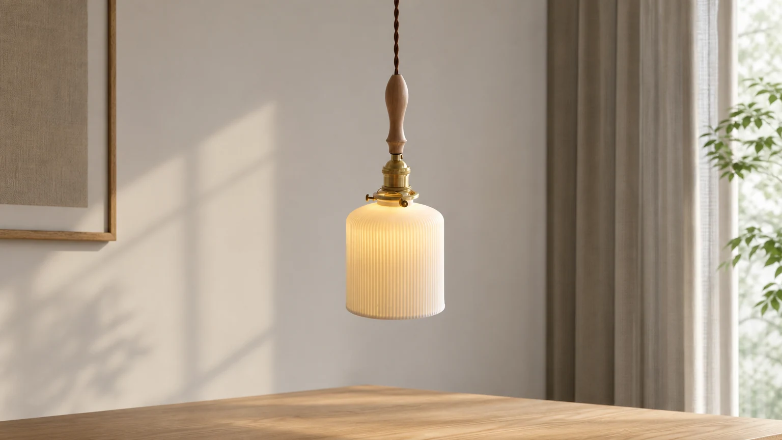 Lampa wisząca Light of the Wood D866 w ciepłym wnętrzu Japandi