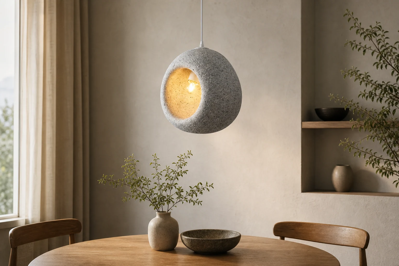 Dyskretna lampa wisząca Glow D825 wyświetlana w pomieszczeniu urządzonym w stylu lifestylowym