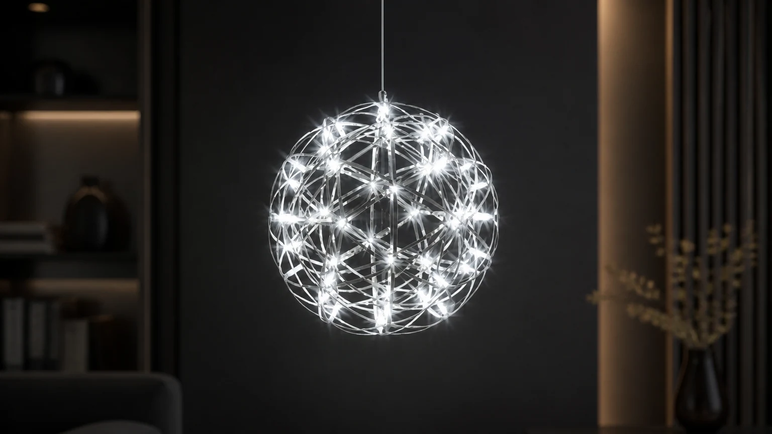 Srebrna lampa wisząca Spark Ball T204 świecąca we wnętrzu