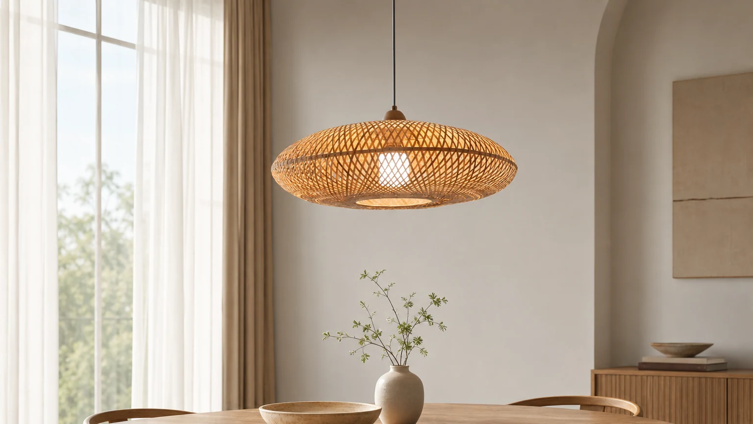 Bambusowa rattanowa lampa wisząca Treasure of the Dawn w ciepłym wnętrzu
