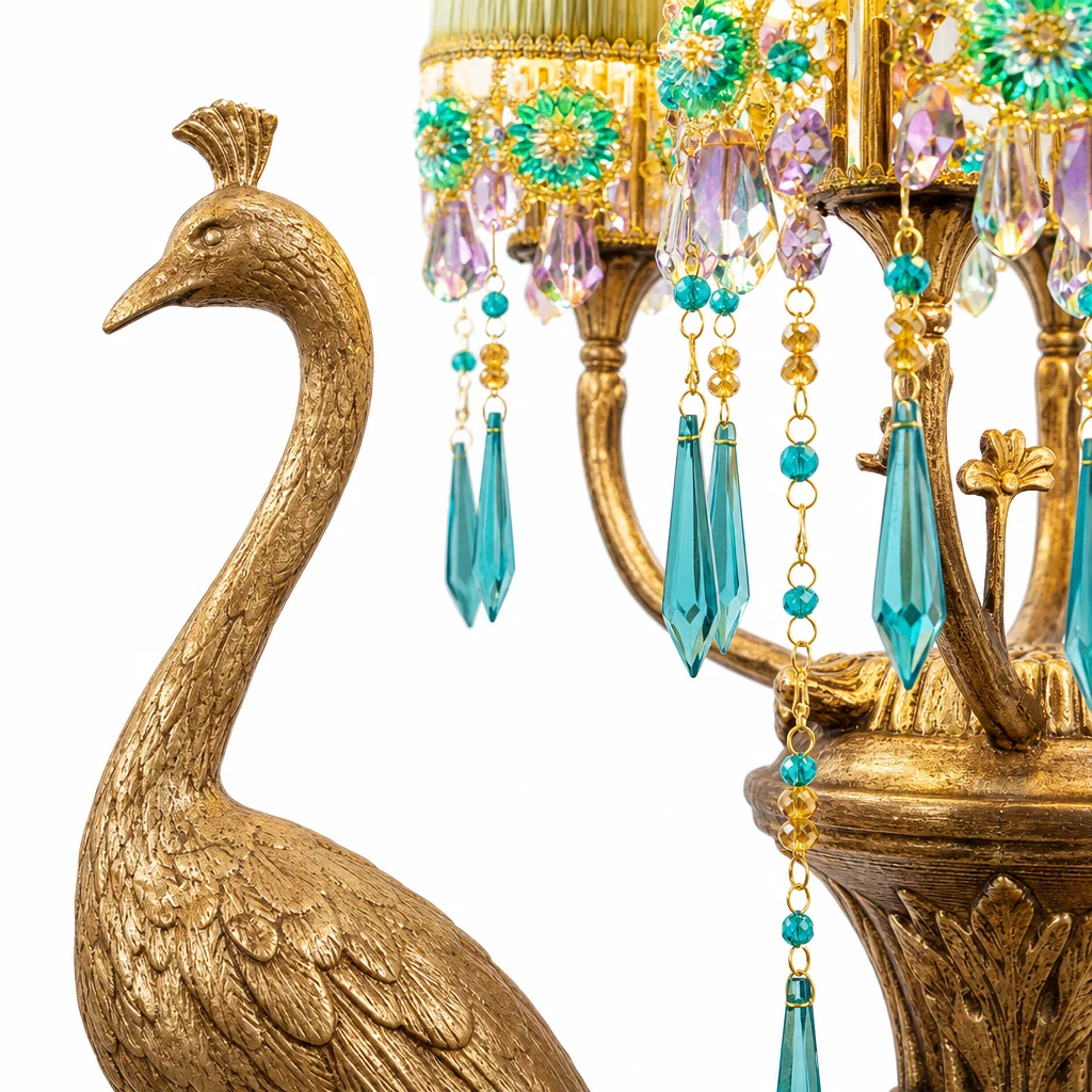Zbliżenie materiałów i dekoracyjnego wykończenia lampy podłogowej Perky Peacock