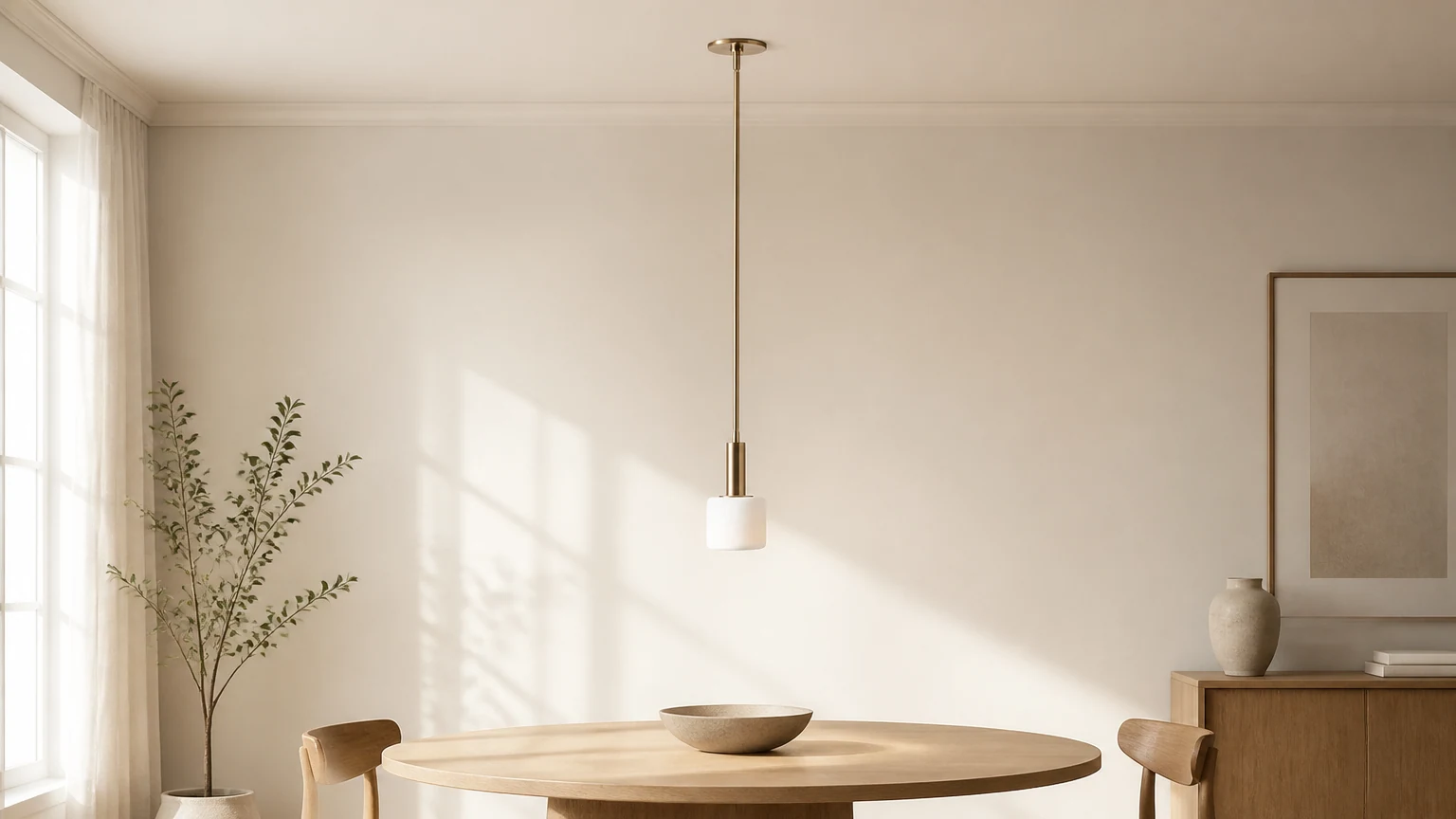 Porcelanowa lampa wisząca Cerova w kolorze kości słoniowej w ciepłej scenie jadalni