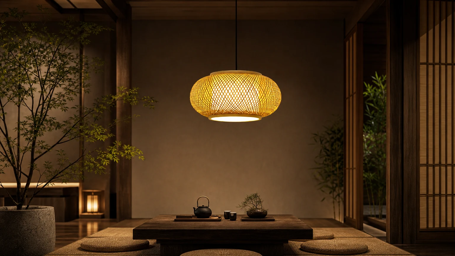 Lampa wisząca z tkanym abażurem Tea Room w ciepłym otoczeniu herbaciarni