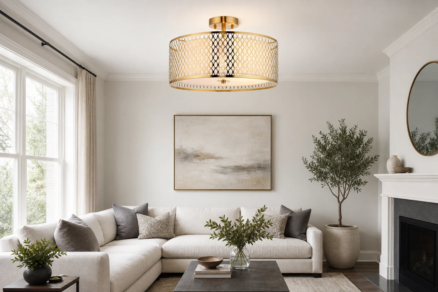 Nowoczesna lampa sufitowa z siatki w scenie pokoju lifestylowego