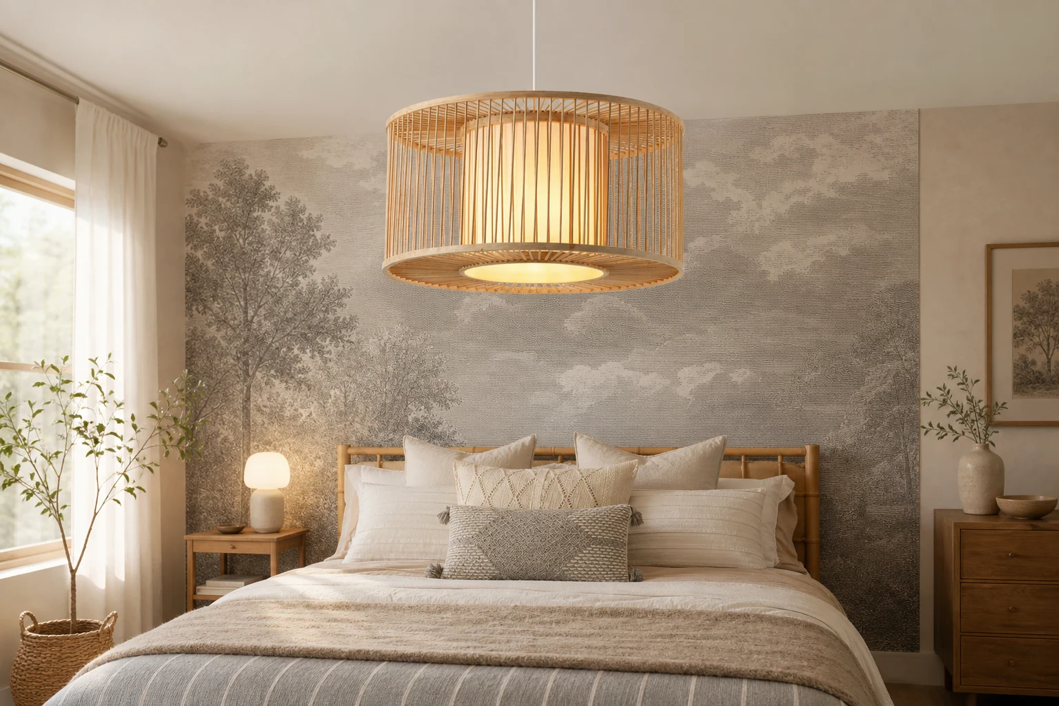 Bambusowa lampa wisząca Night Butterfly w stylu przytulnego pokoju lifestylowego