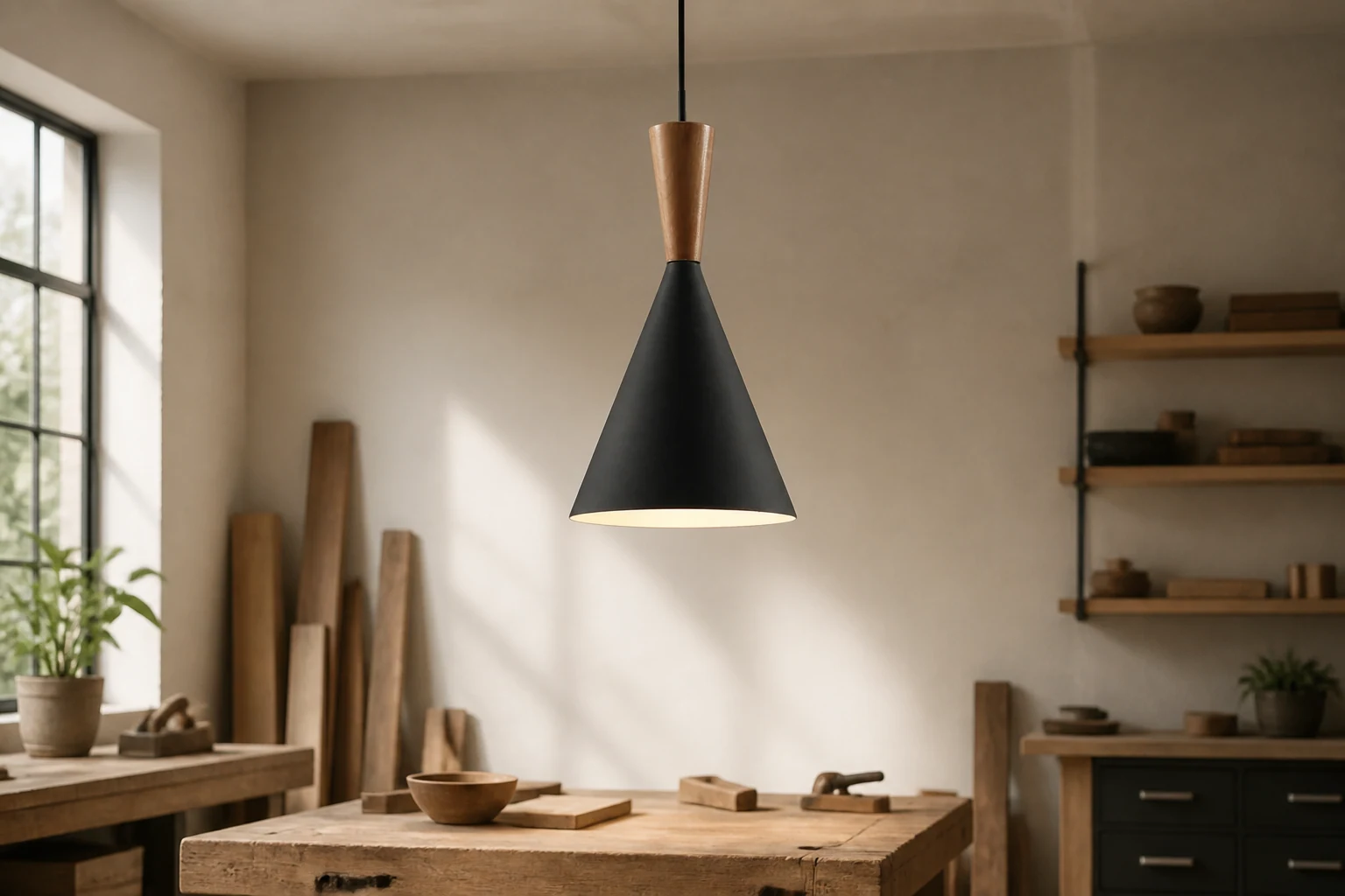 Warsztatowa lampa sufitowa wisząca D822 wyświetlana w scenie pokoju lifestylowego