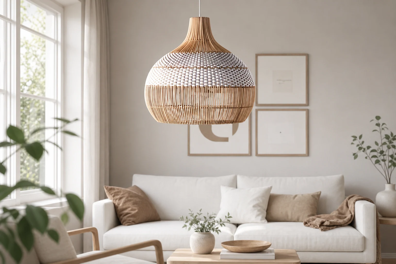 Scena lifestylowa przedstawiająca białą rattanową lampę wiszącą w kontekście