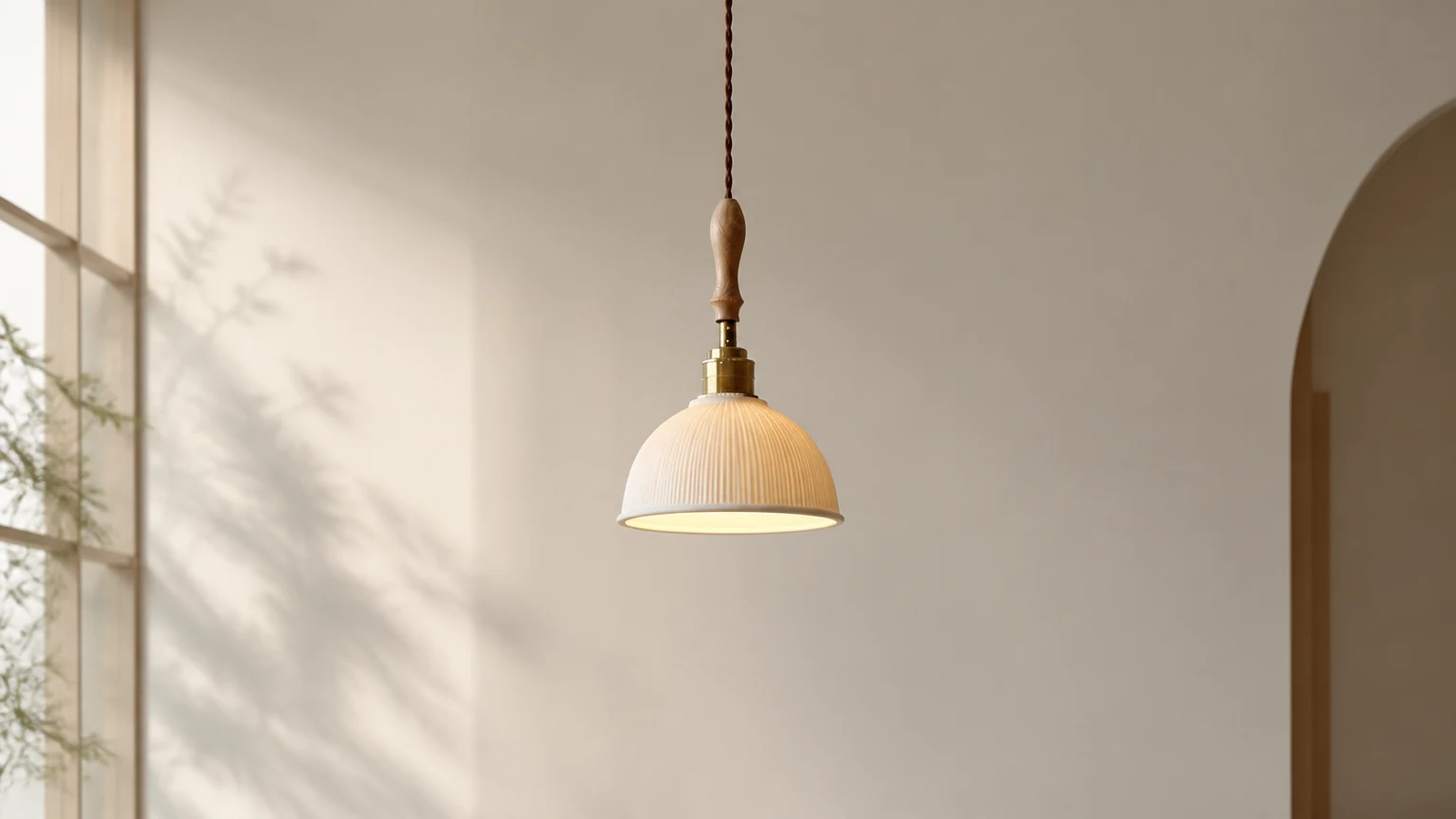 Lampa wisząca Japanese Glow D860 w ciepłej scenerii pokoju Japandi