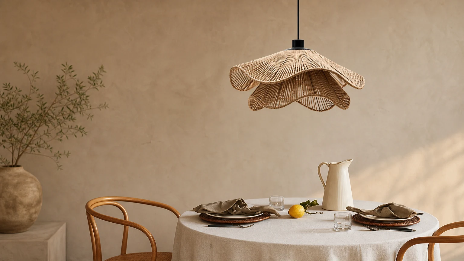 Lámpara colgante de yute natural Cape Points en un interior de estilo bohemio.