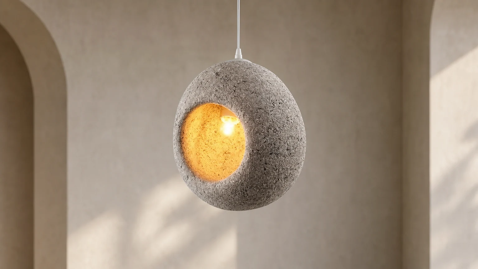 Dyskretna lampa wisząca Glow D825 pokazana jako kompletna lampa wisząca w spokojnym wnętrzu