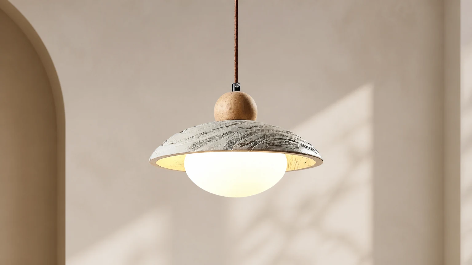 Cementowa lampa wisząca Wabi-sabi z trawertynu w ciepłym wnętrzu