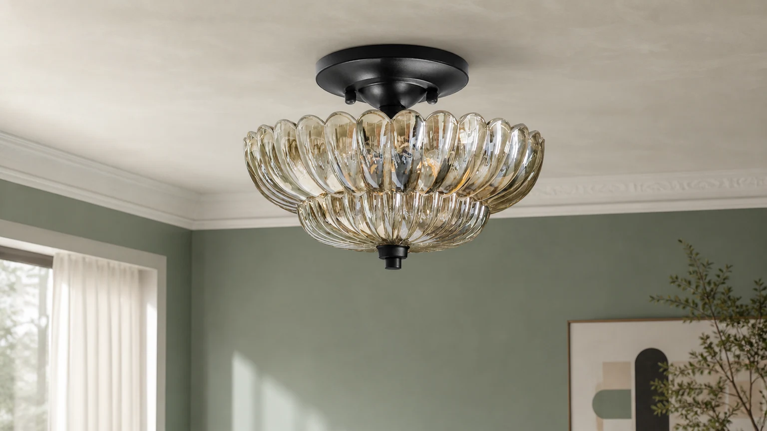 Szklana lampa sufitowa Orilanavo w kształcie parasola, częściowo wpuszczana, zainstalowana w ciepłym pomieszczeniu