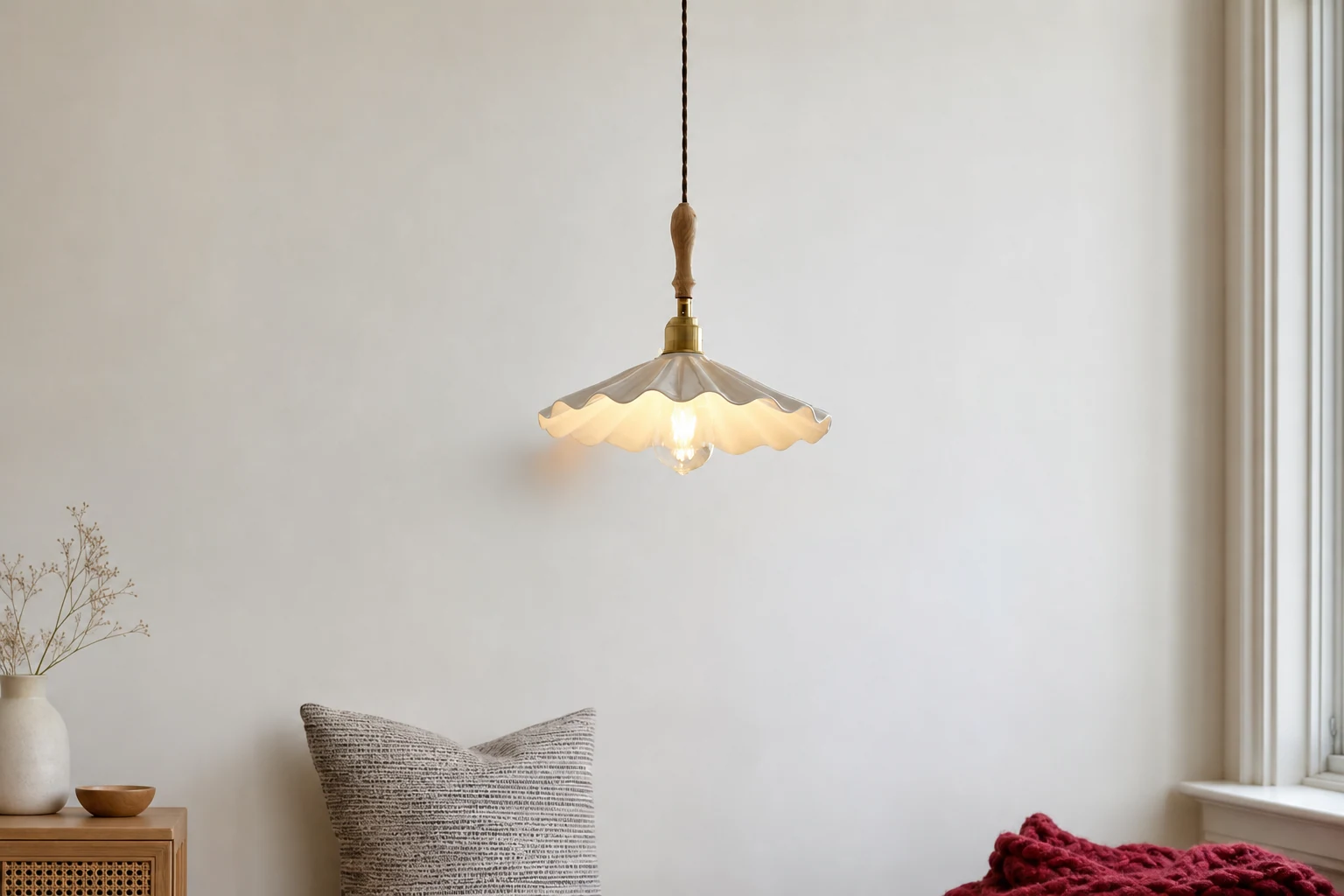 Lifestyle scene with The Ceramic Flute Pendant Lamp D874 fully visible