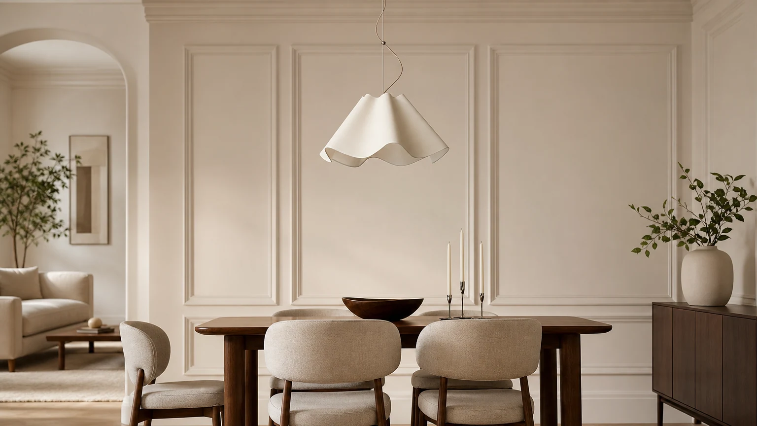 Lampa wisząca Oslan z lnu w kolorze kości słoniowej, pokazana w jadalni