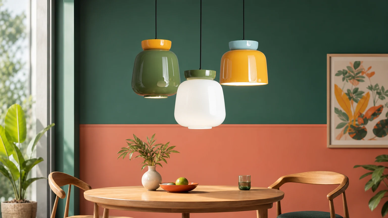 Kolorowa nordycka lampa wisząca G81 w kształcie misy zainstalowana jako jasny element pokoju