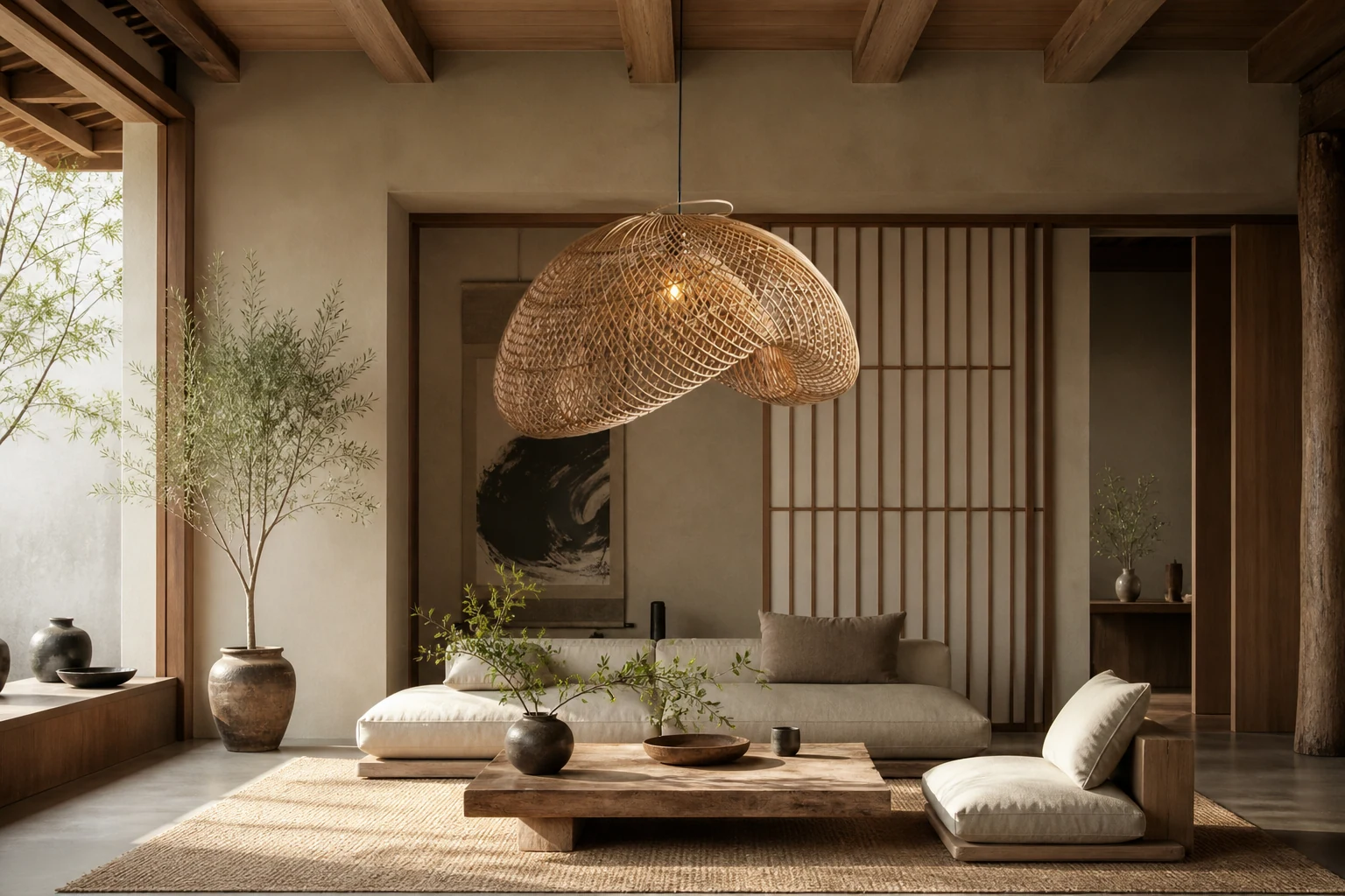 Escena de estilo de vida con la lámpara colgante de ratán Wabi-Sabi en el centro de la habitación.