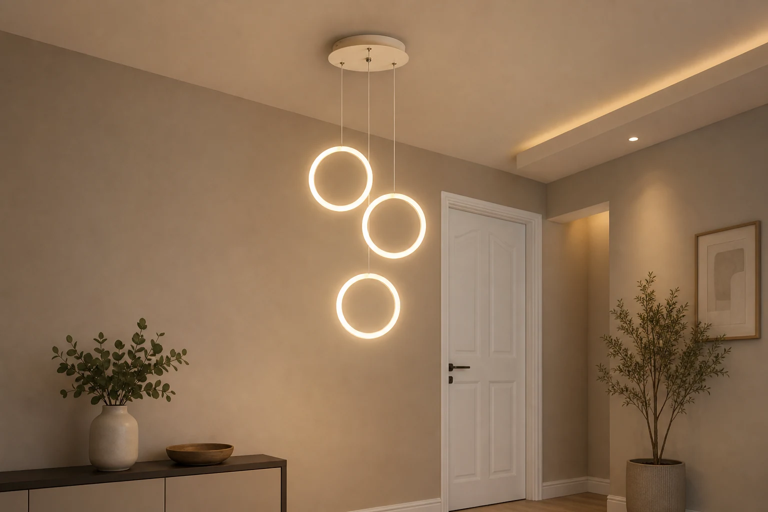 Scena w stylu lifestylowym z widocznym kompletnym żyrandolem LED Ring