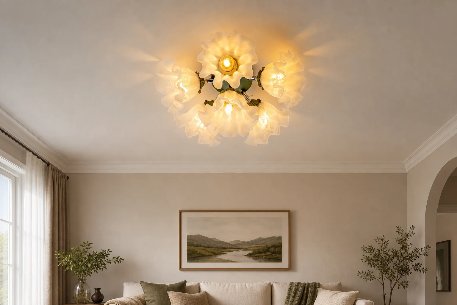 Scena w stylu lifestylowym z lampą sufitową P036 z kwiatem lilii widoczną na suficie