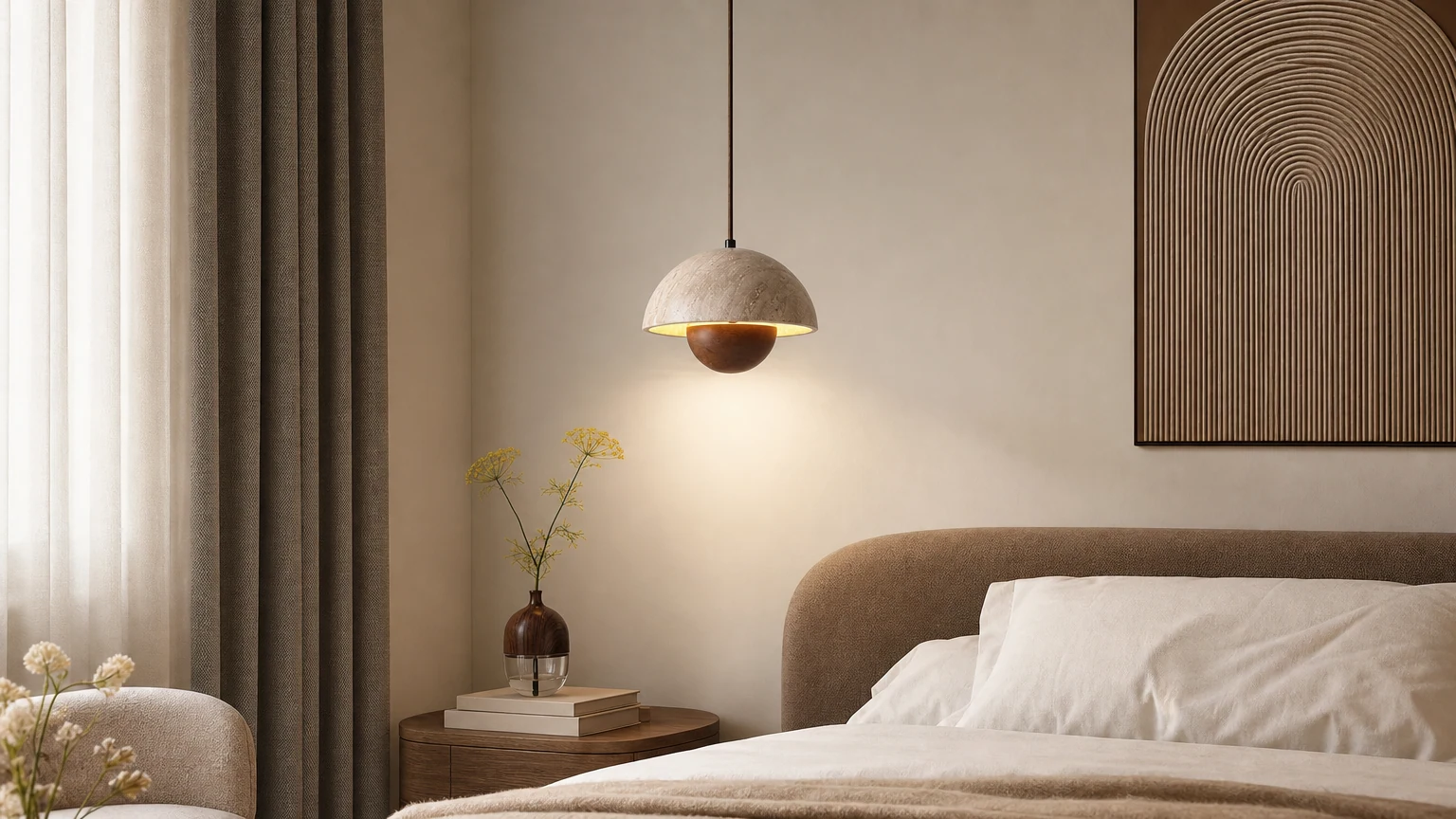 Lampa wisząca z pąków kwiatowych z naturalnego trawertynu w ciepłej scenerii wnętrza