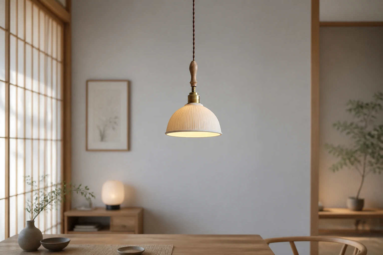 Scena lifestylowa przedstawiająca lampę wiszącą Japanese Glow D860 w spokojnym wnętrzu