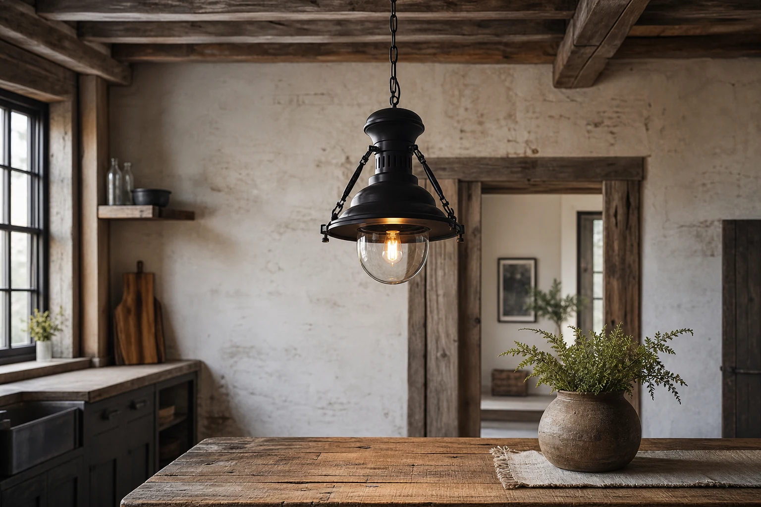 Industrialna, metalowa lampa wisząca Country w scenie pokoju lifestylowego