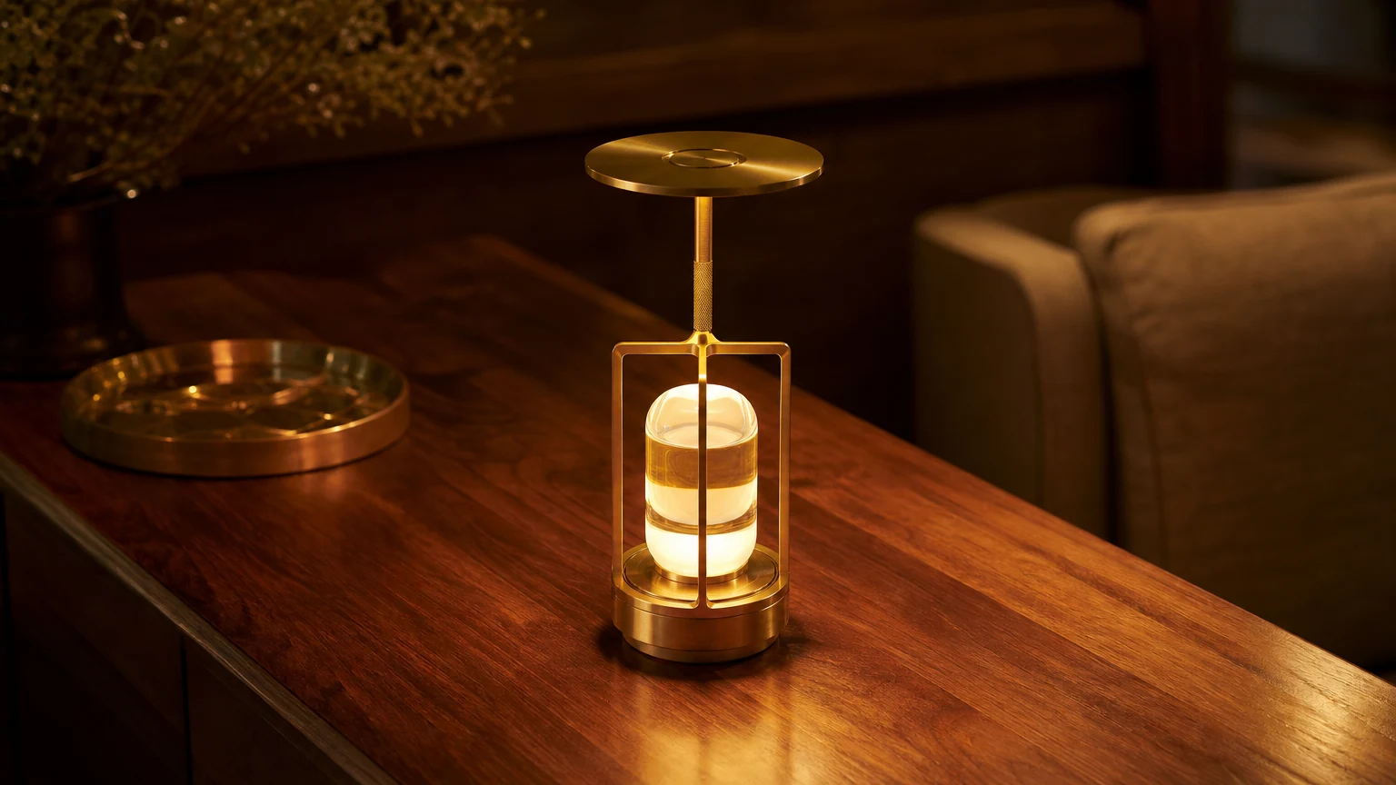 Bezprzewodowa lampa stołowa Savoy Elegance D805 w ciepłej scenie na blacie