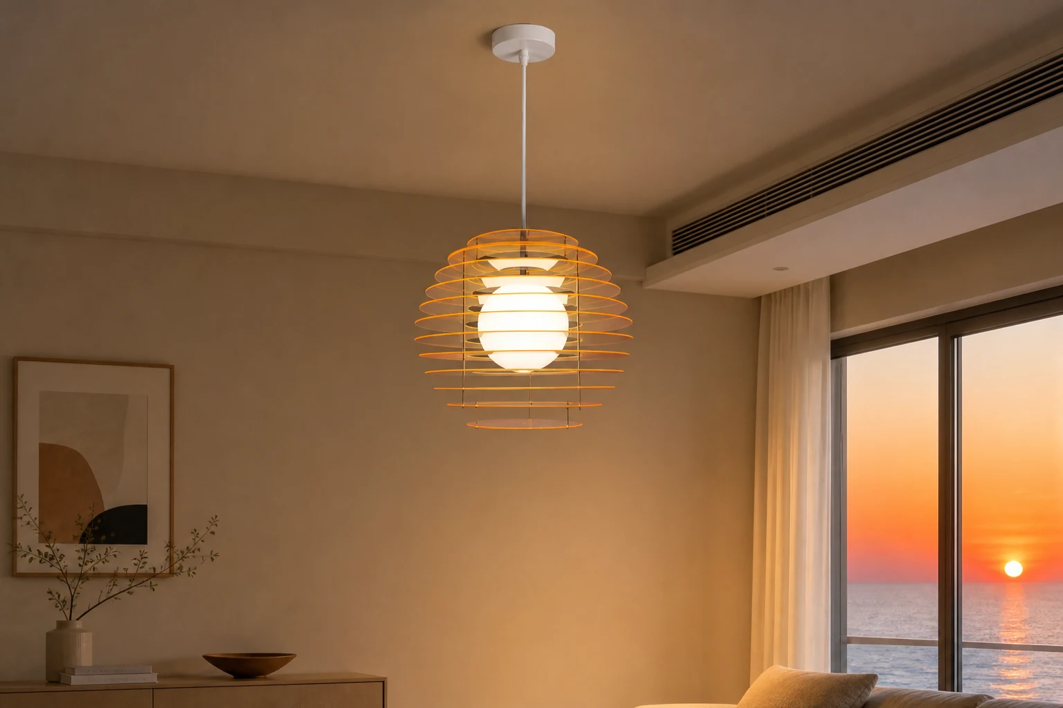 Scena lifestylowa z lampą wiszącą wyśrodkowaną i w pełni widoczną