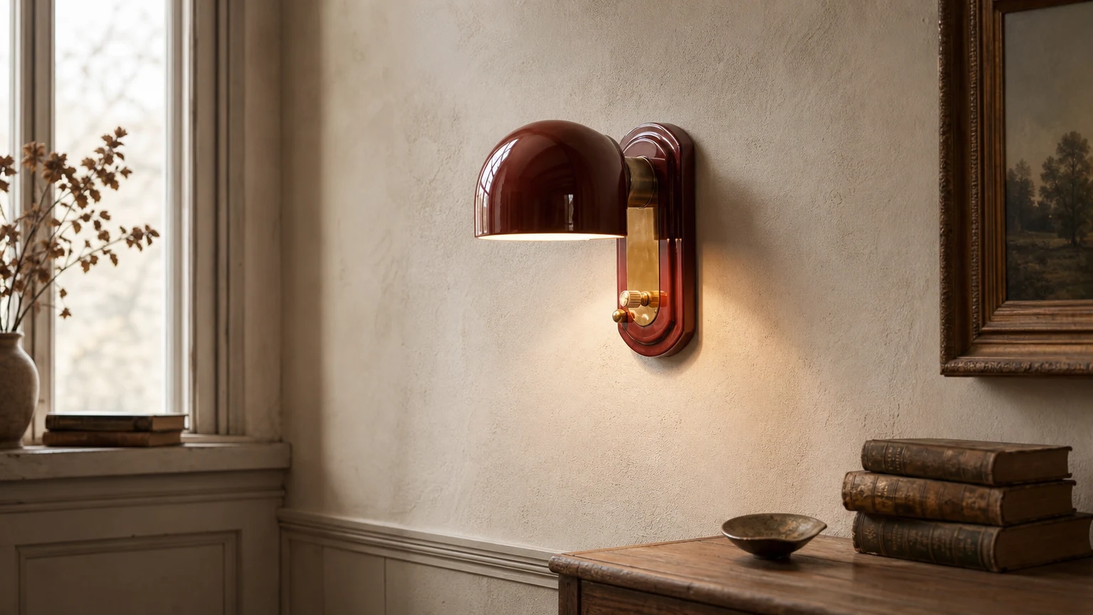 Retro halvsirkelformet vegglampe med glassskjerm P038 i et varmt interiørmiljø