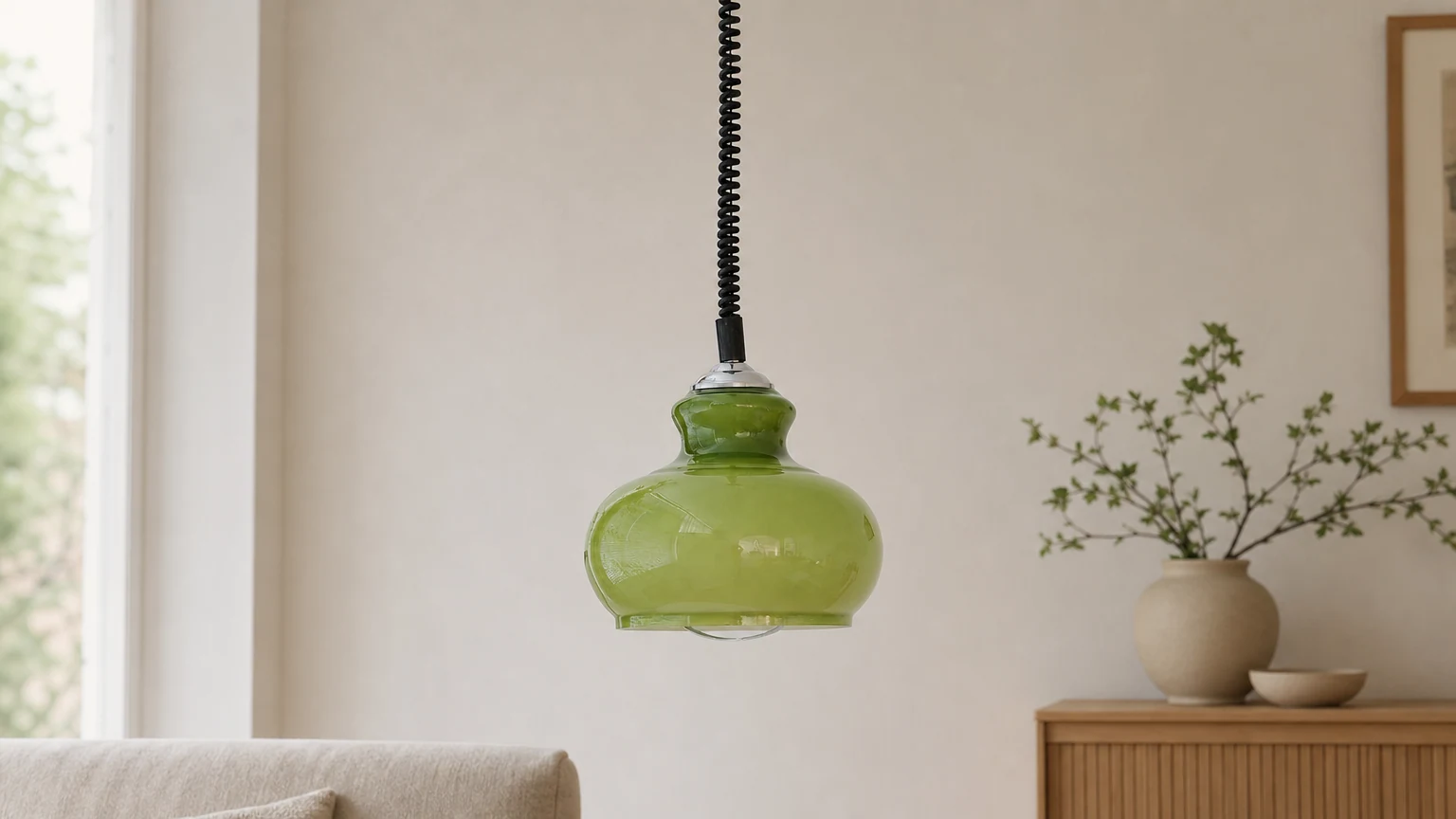Lampa wisząca Lunea w stylu retro z kremowego szkła w ciepłym wnętrzu