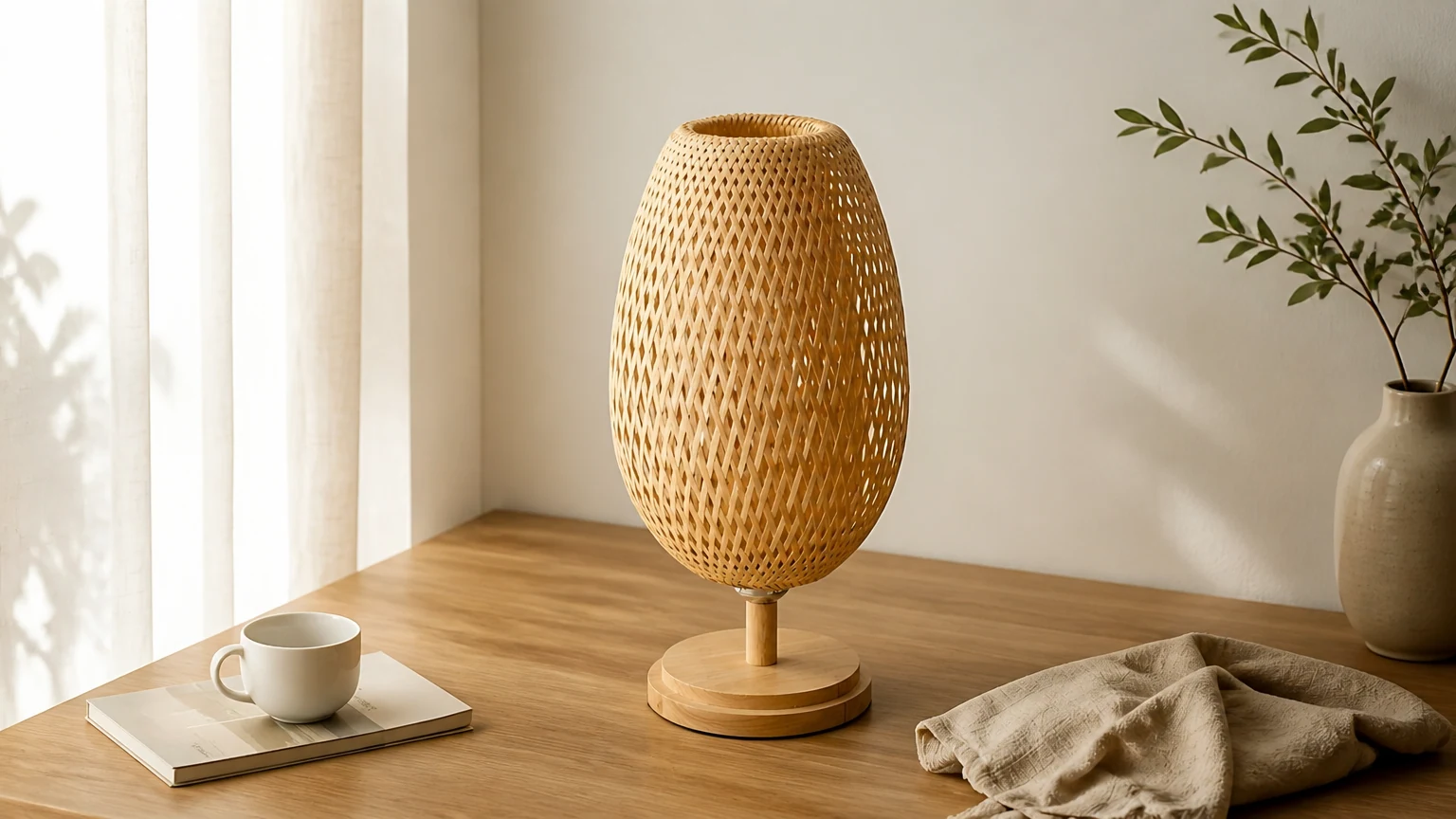 Handcrafted Sustainable Bamboo Table Lamp D847 glowing in a warm room scene