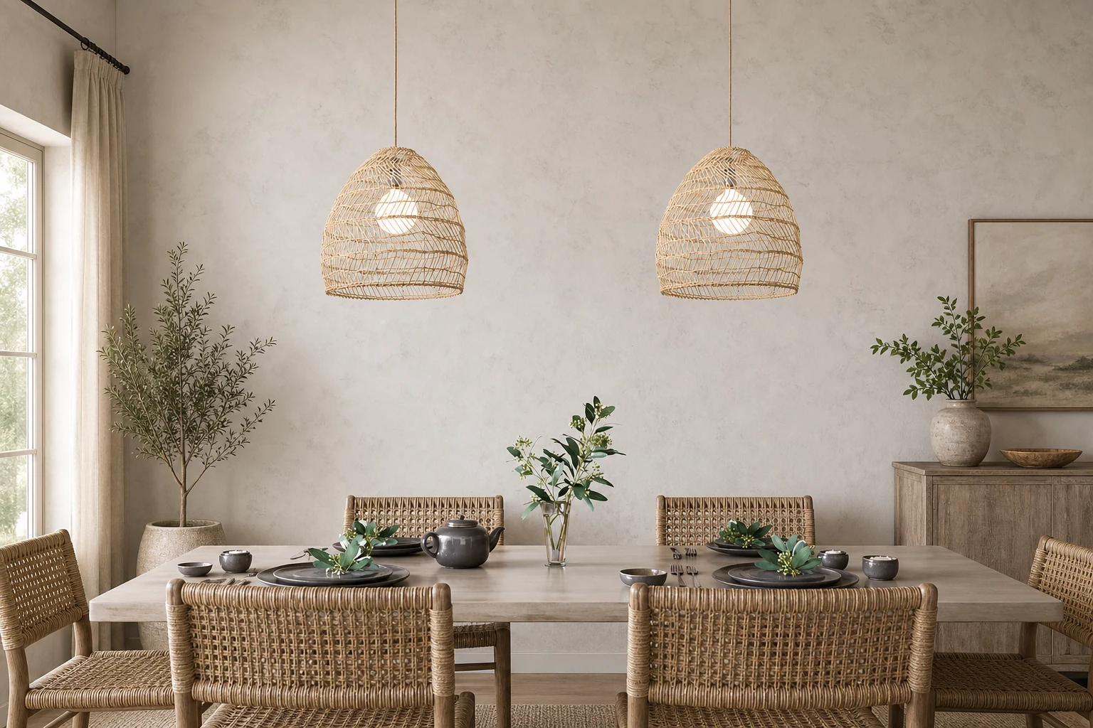 Scena w stylu lifestylowym z rattanową lampą wiszącą w klatce umieszczoną centralnie nad głową
