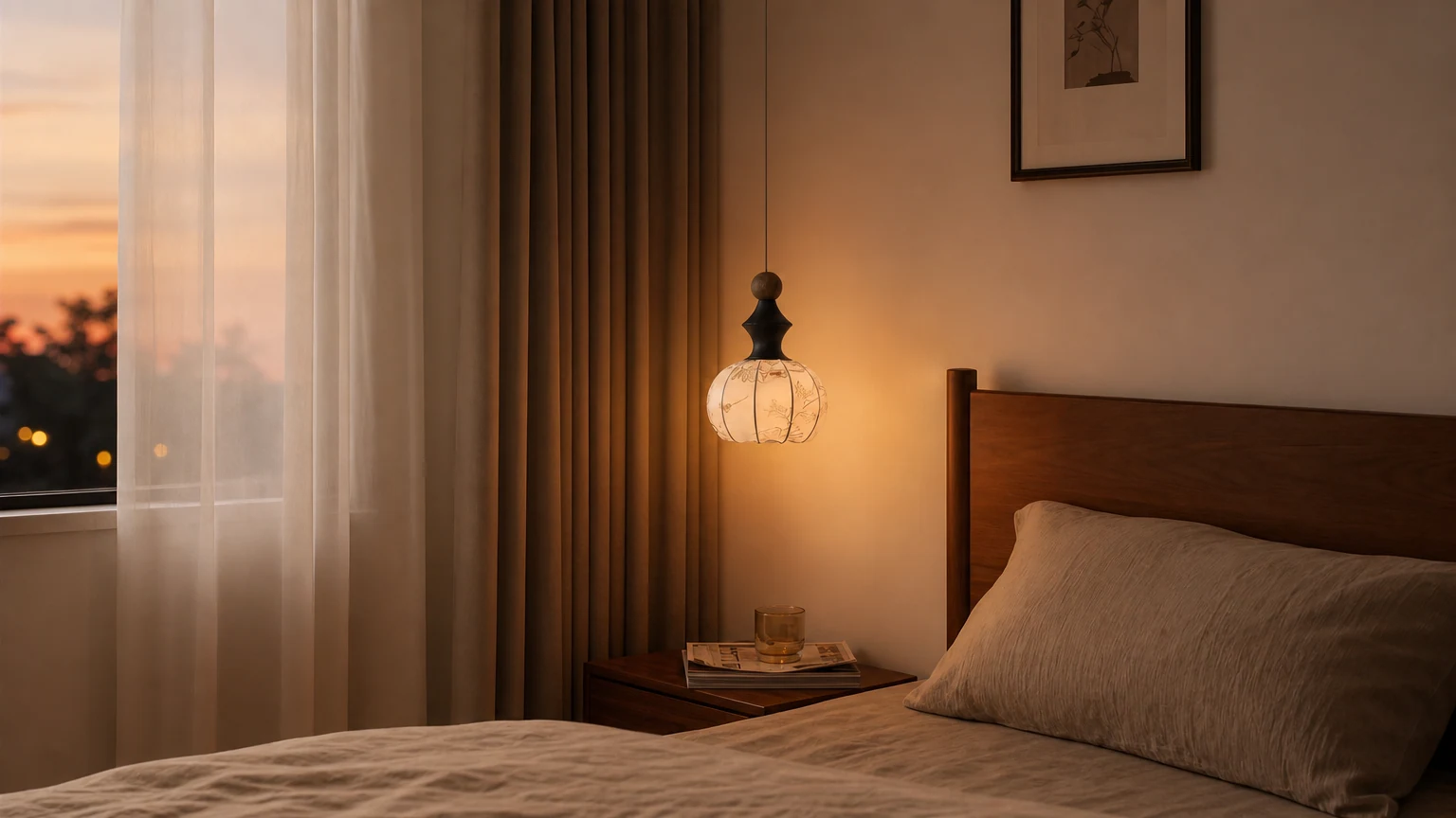 Zawieszana lampa wisząca Clarity D905 w ciepłym wnętrzu