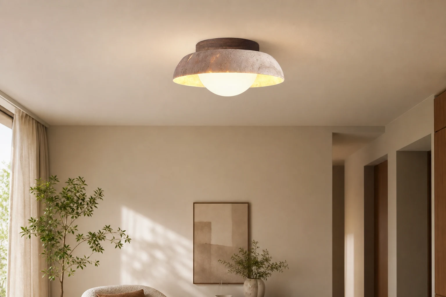 Trawertynowa lampa sufitowa Piedra w pomieszczeniu lifestylowym