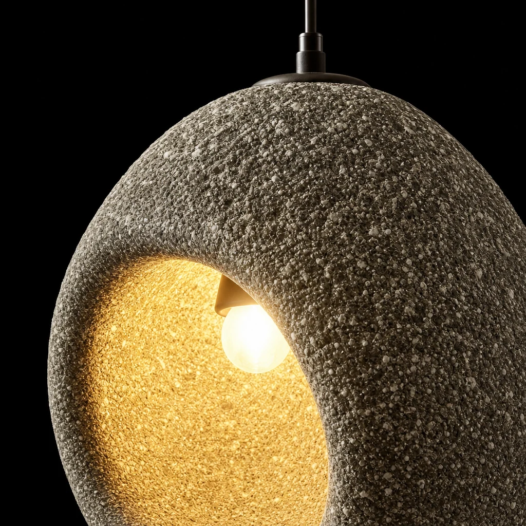 Zbliżenie lampy wiszącej Discreet Glow Lampa wisząca D825 z wykończeniem z żywicy i zaokrąglonym korpusem lampy