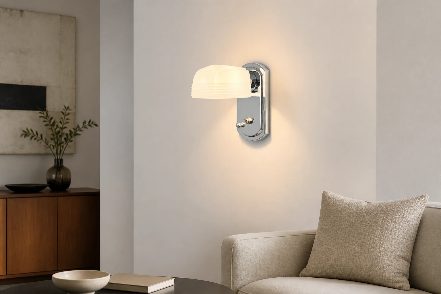 Biała szklana lampa ścienna w scenie stylu życia w pomieszczeniach