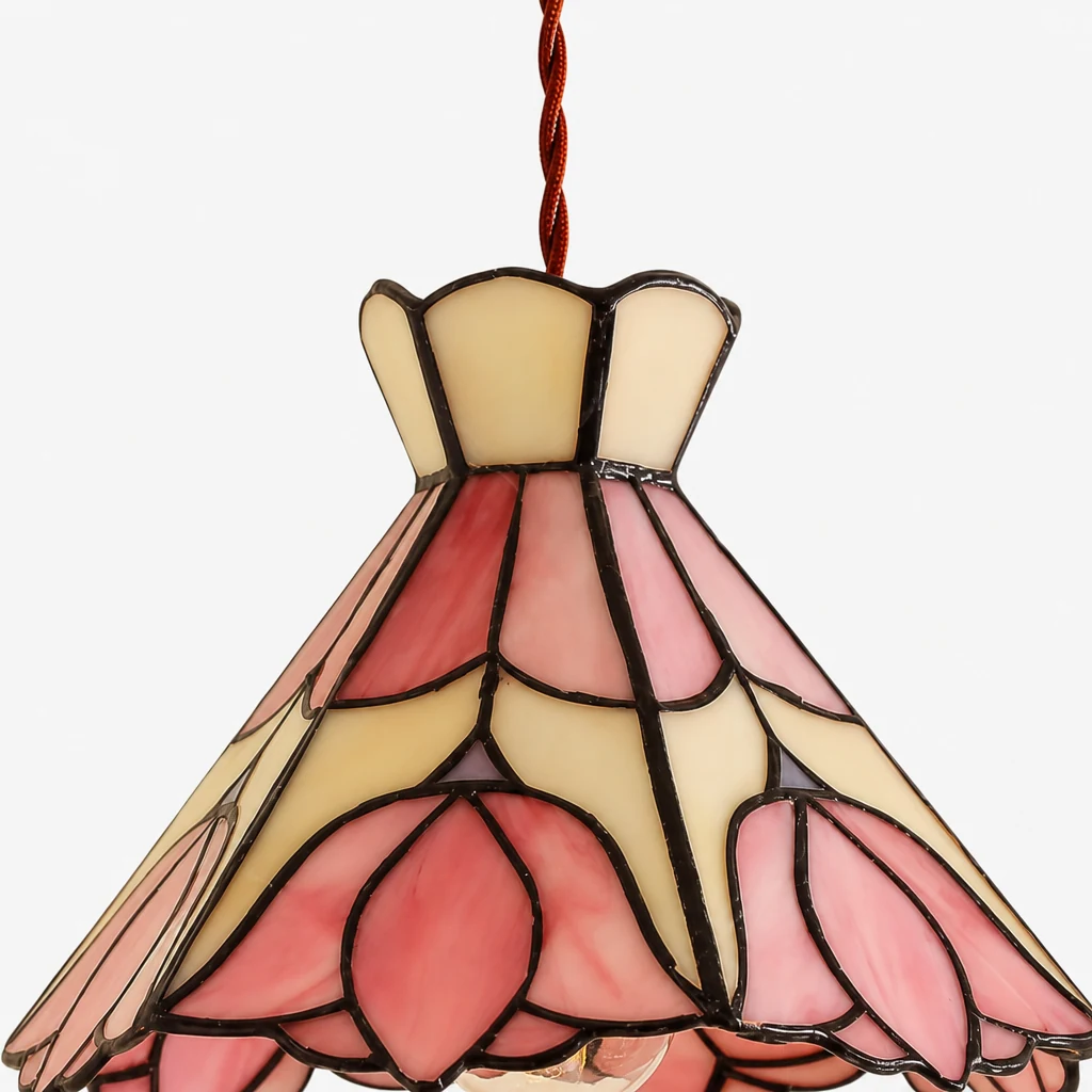Bliski szczegół klosza witrażowej lampy wiszącej Retro Tiffany