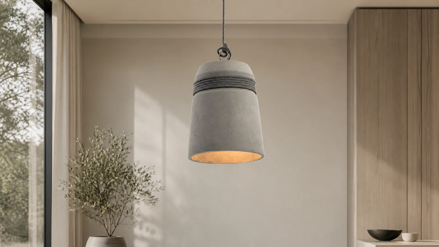 Lampa wisząca ze liny konopnej Nordic Cement G74 w ciepłej scenerii wnętrza