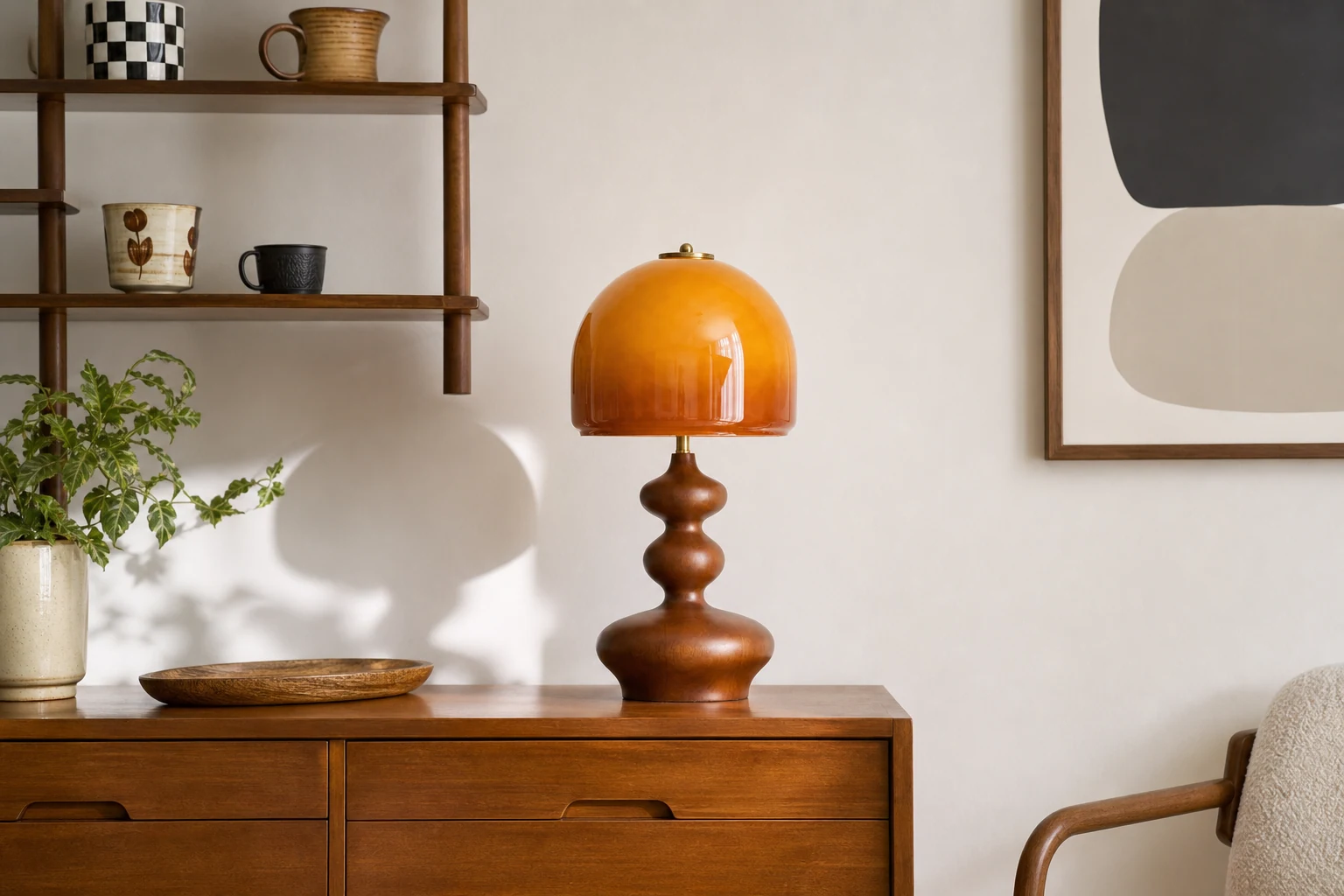 Drewniana lampa stołowa P077 ze szkła bursztynowego stylizowana na blat