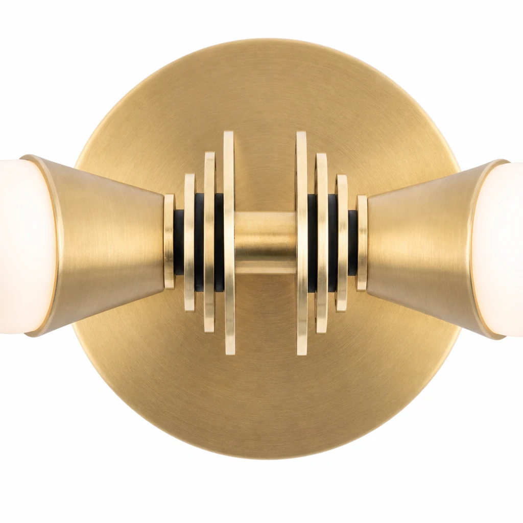 Zbliżenie lampy ściennej Pyralis Cone Art Deco z mosiężnym wykończeniem i stożkową konstrukcją