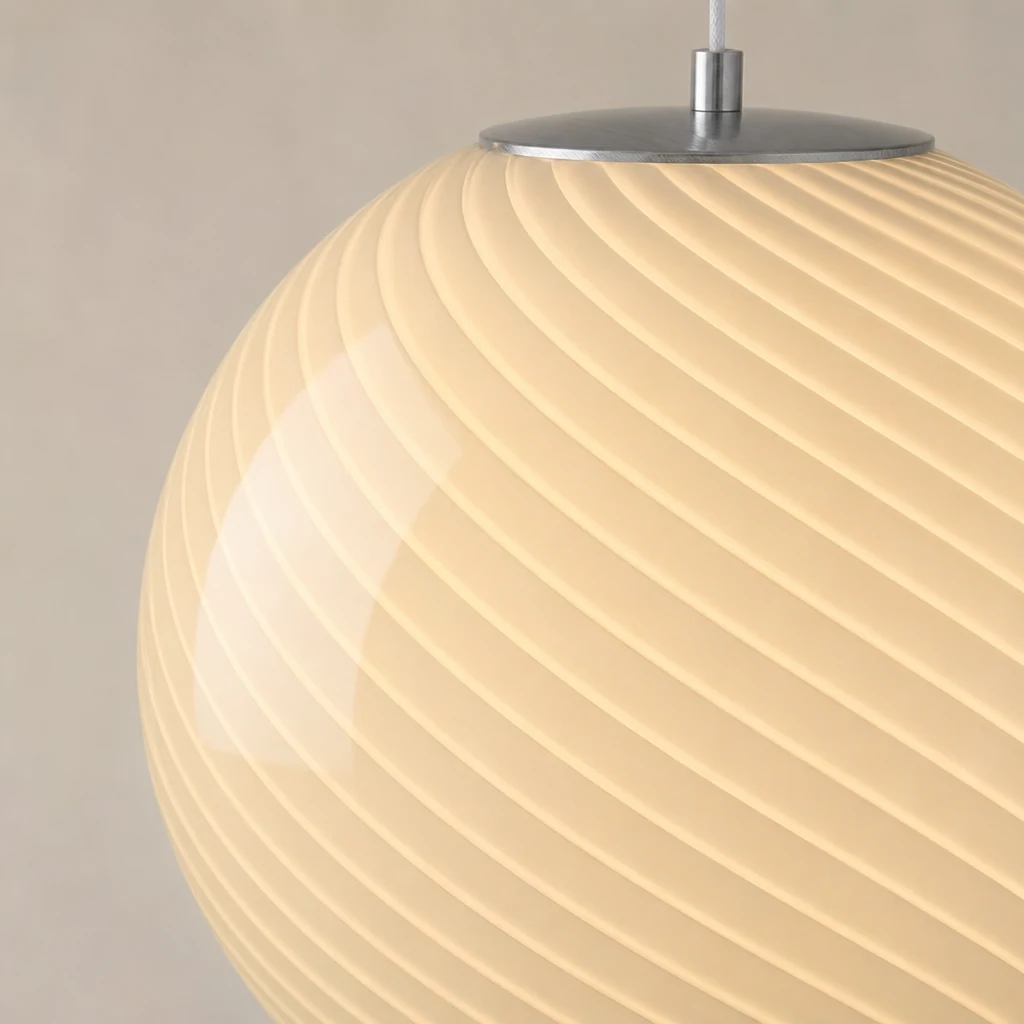 Zbliżenie na szklaną i metalową lampę wiszącą Lollipop
