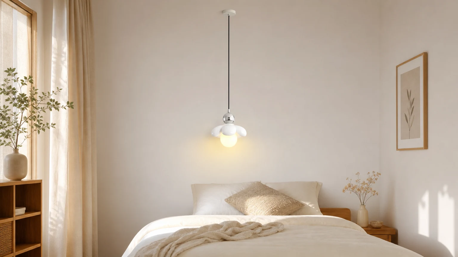 Ciepła lampa wisząca Flower P045 w ciepłej sypialni