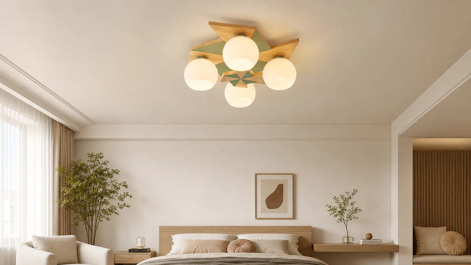 Plafonnier Windmill P078 installé dans une chambre lumineuse