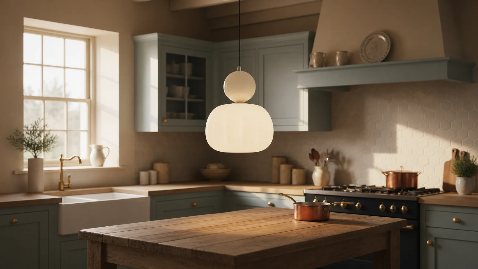 Lampa wisząca Ornavigo Modern Art Deco pokazana w poziomej scenie wyspy kuchennej