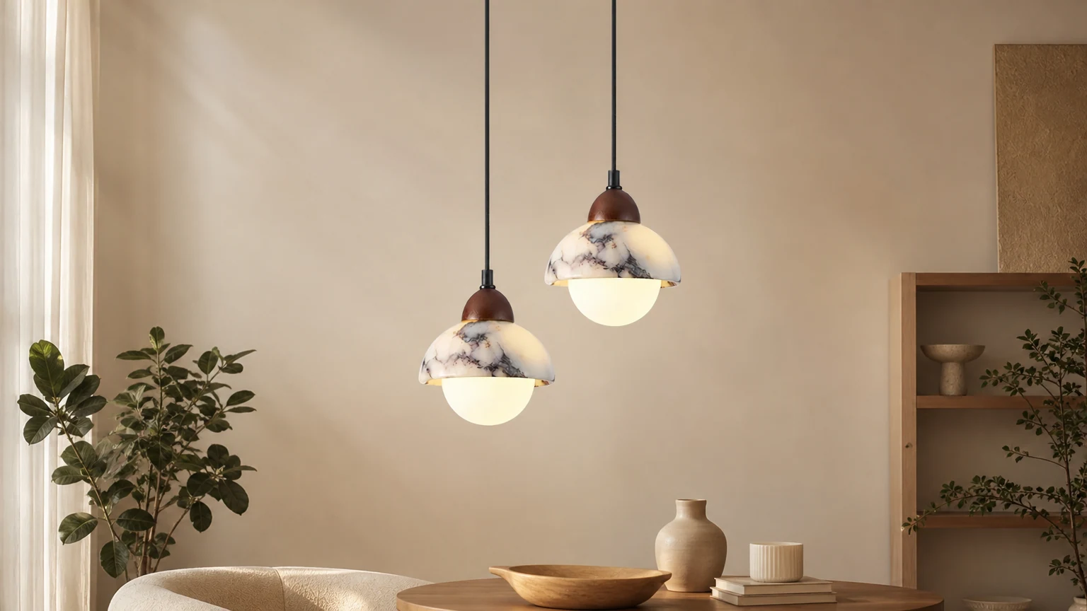 Marmurowa lampa wisząca Polaris D652 w ciepłej scenerii wnętrza