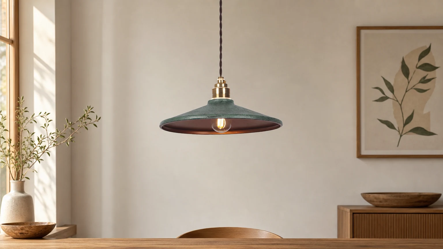 Rustykalna lampa wisząca z kloszem spodka D476 w ciepłym wnętrzu