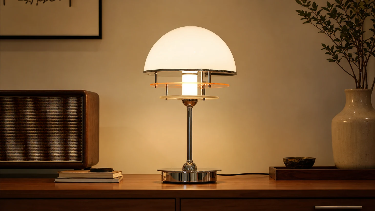 Akrylowa lampa stołowa Zachód słońca w stylu Bauhaus Vintage G79 w ciepłej scenerii wnętrza